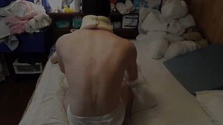 Diaper boy pees his thick diaper and masturbates