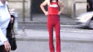 Brunette Red Shirt Red Pants Diaper Bulge 3