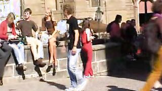 Brunette Red Shirt Red Pants Diaper Bulge 3