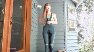 Destinationkat peeing in her overalls