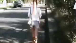 Sexy public shit girl messing her pants in the park