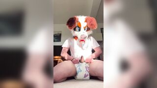 Cute puppy cums in his diaper with vibrator