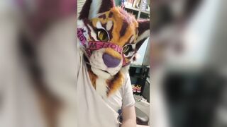 Kitty purrs as he rubs his soaked diaper