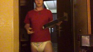 Diaper Boy Damien Answering the Door in a Messy Diaper