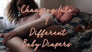 Changing into 9 different baby diapers